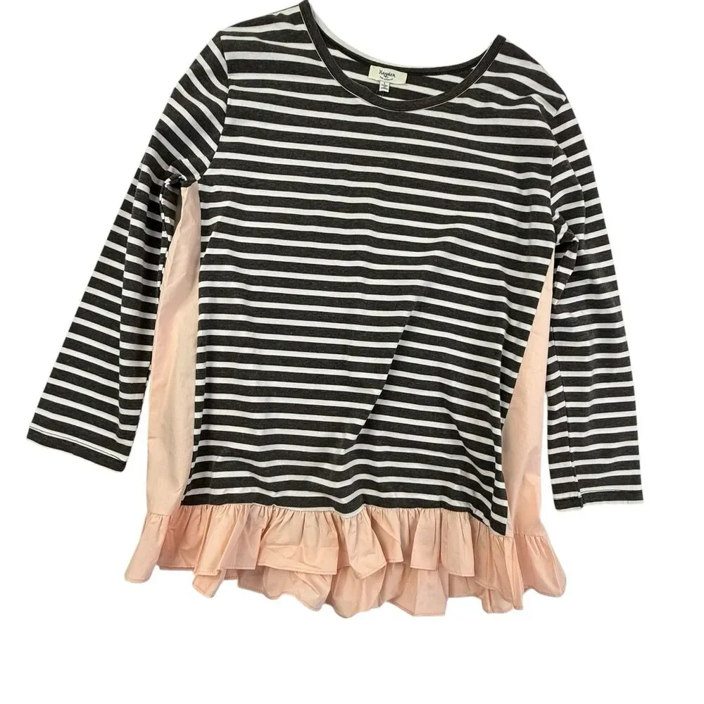 NEW Hayden Long Sleeve Striped Top Women Large Black Pink Ruffles Tunic